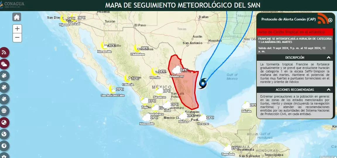 FRANCINE SE INTENSIFICARÁ A HURACÁN DE CATEGORIA 1 LA MAÑANA DEL MARTES